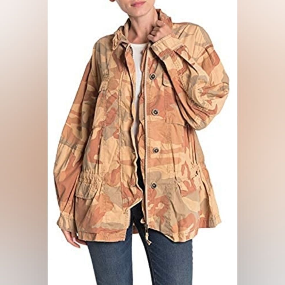 🐢 Free People Lead The Way Camo Utility Jacket in Pink/Orange Cream Size L
